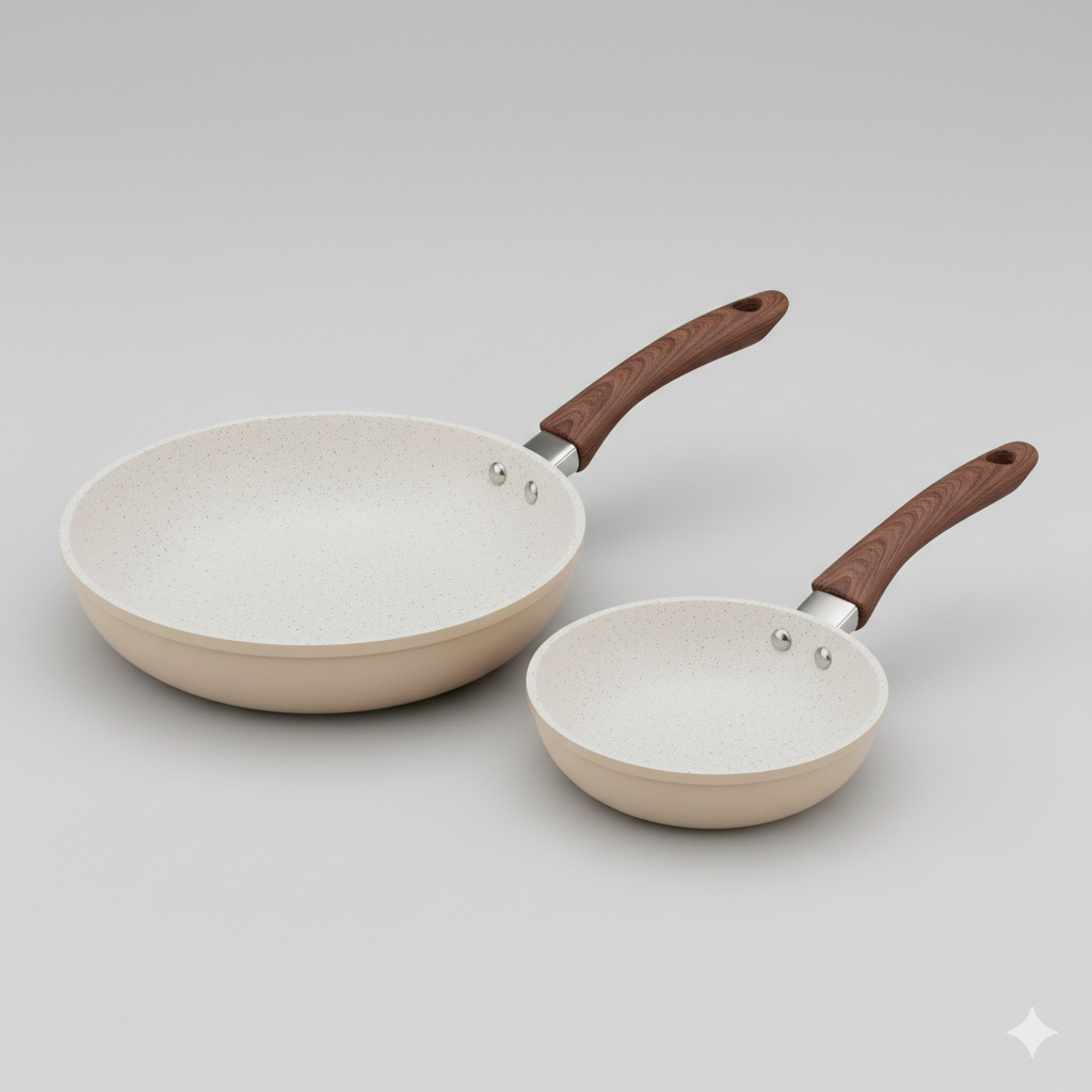 2-Piece Non-Stick Granite Frying Pan with Wood-Effect Handles