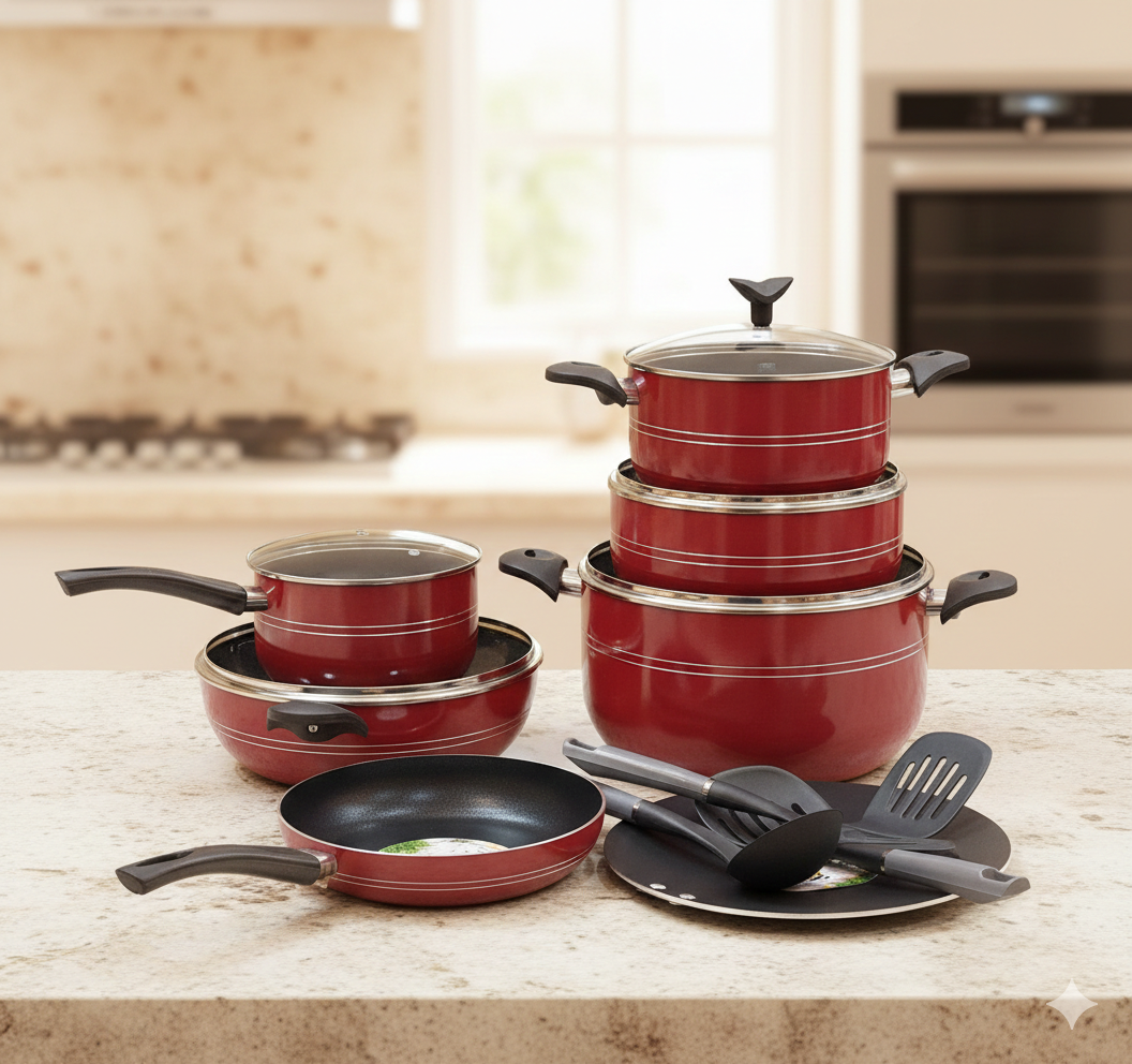 Essential Cookware Set CHEF 10-Piece Essential Non-Stick Cookware Set – Maroon Edition – HBStore