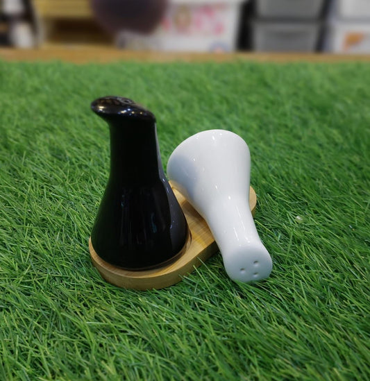 Ceramic Salt & Pepper Set With Wooden Base