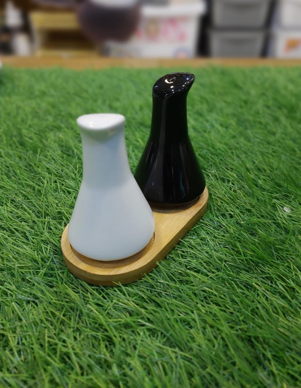 Ceramic Salt & Pepper Set With Wooden Base