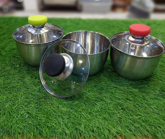 3Pcs Steel Bowl With Glass Lid