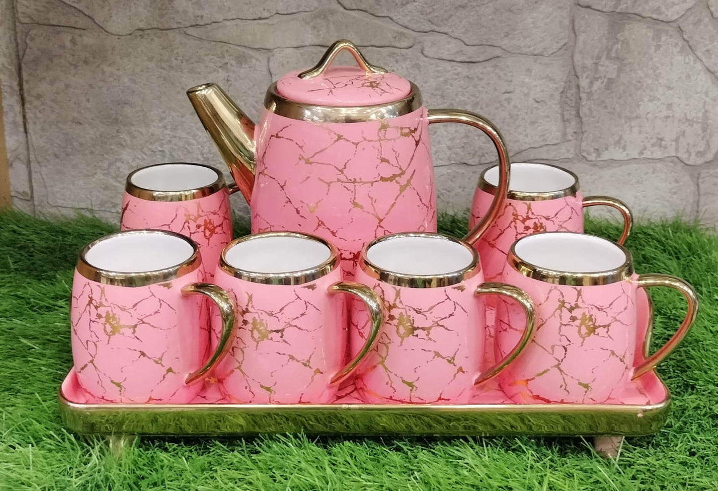 Marble Design Ceramic Tea Kettle Cups Set Whit Tray