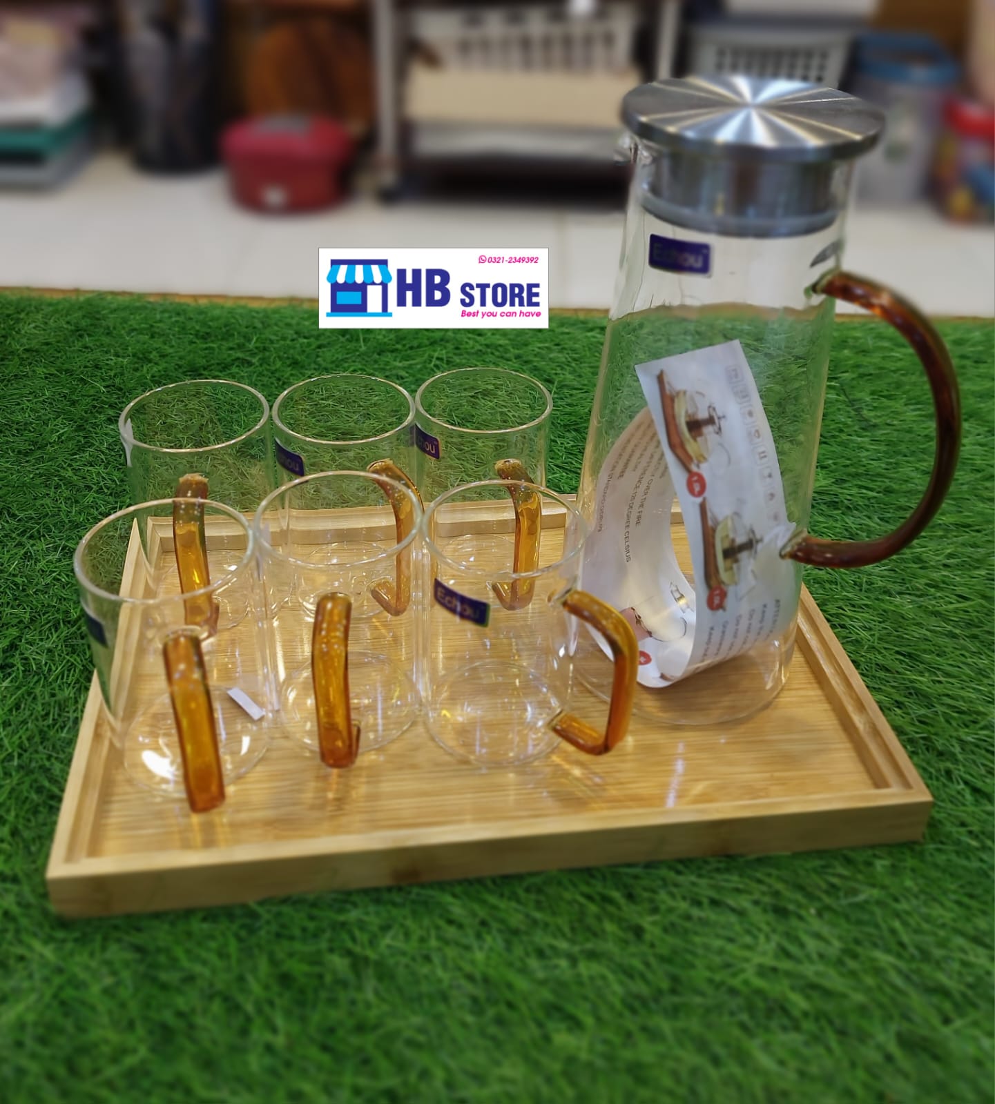 Beautiful Glass Pitcher Set with Wooden Tray