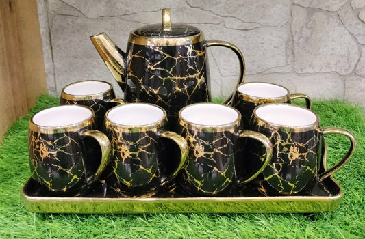 Marble Design Ceramic Tea Kettle Cups Set Whit Tray