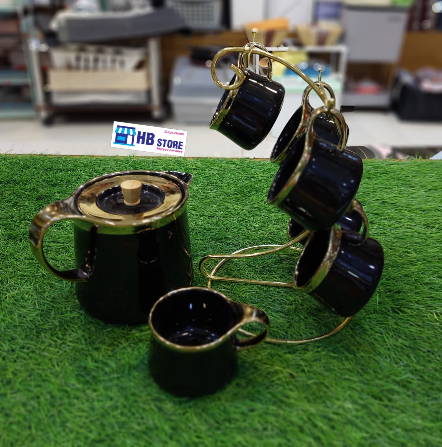 6Pcs Cups With Tea Pot & Metal Stand