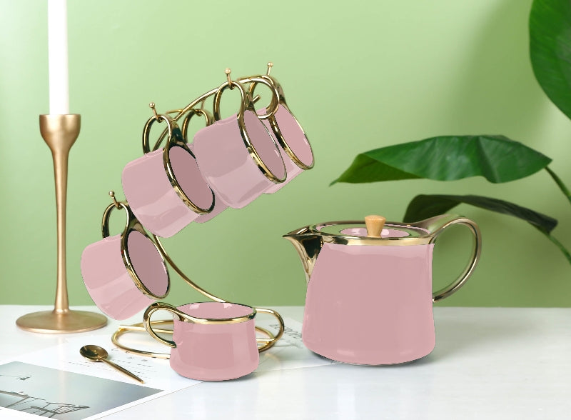 6Pcs Cups With Tea Pot & Metal Stand