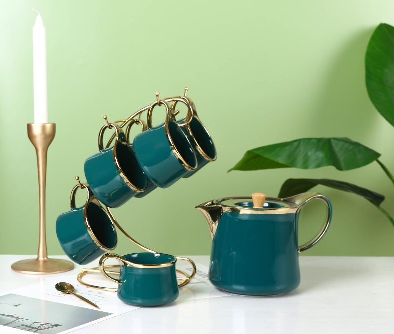 6Pcs Cups With Tea Pot & Metal Stand