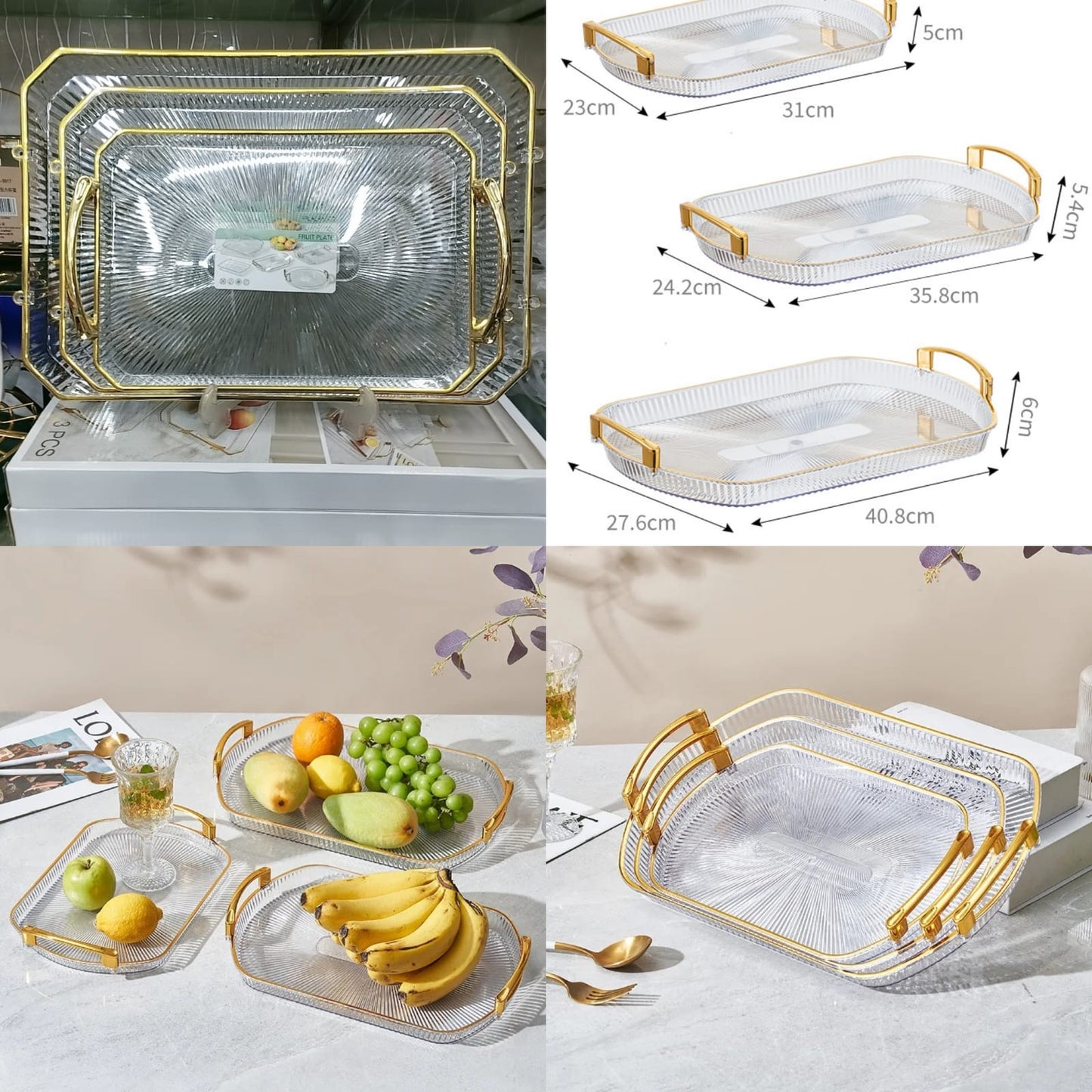 3Pcs Acrylic Material Tray Set WIth Handel