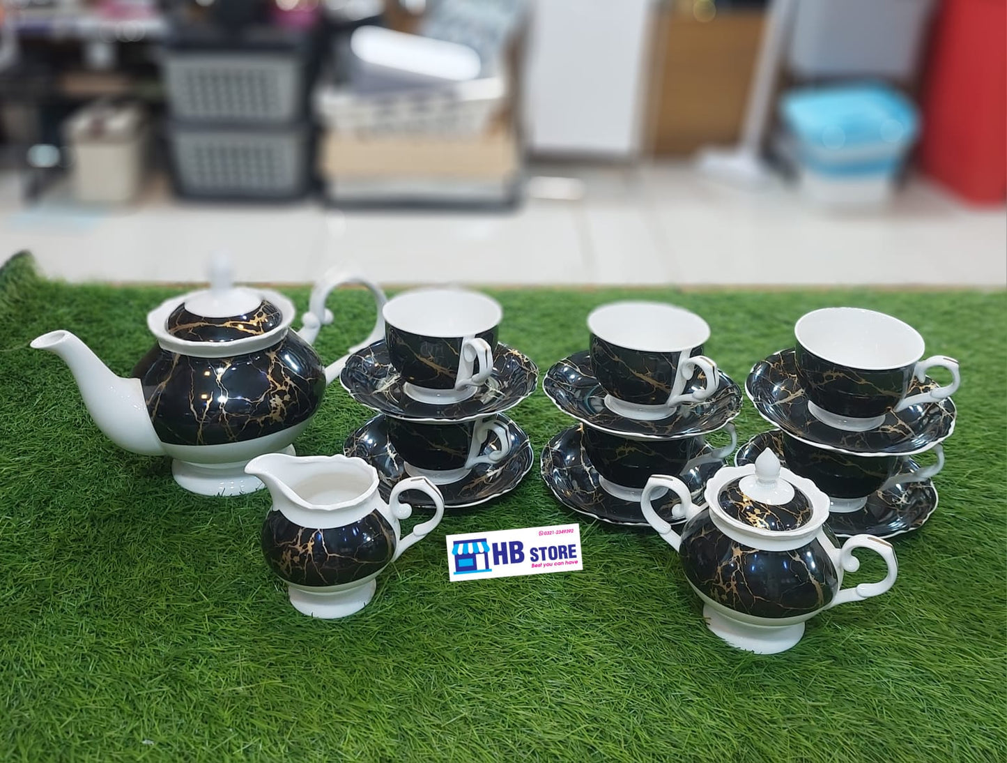 Solecasa Bold Black Marble Pattern Tea Set