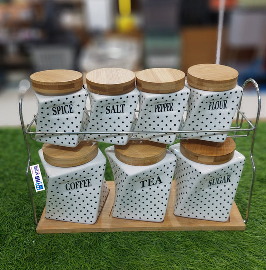 7Pcs Ceramic Spice Rack With Wooden Cap