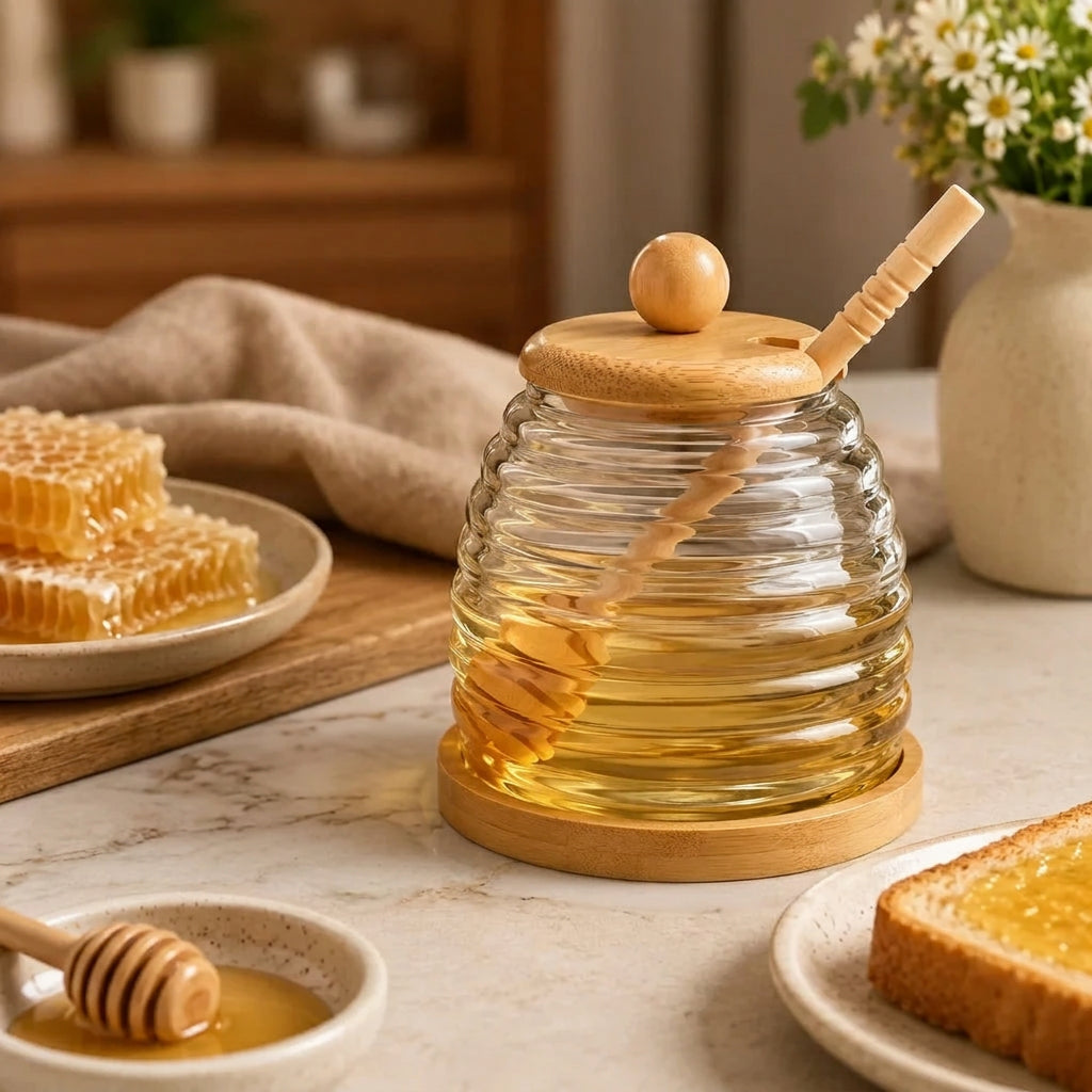 Beehive Ribbed Glass Honey Jar with Wooden Dipper & Coaster