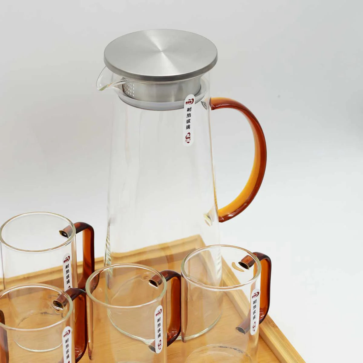 Beautiful Glass Pitcher Set with Wooden Tray