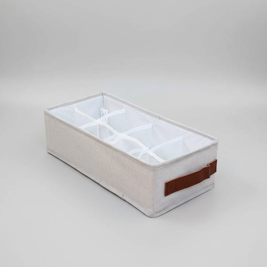 12-Grid Fabric Drawer Organizer Bin with Mesh Dividers and Faux Leather Handle