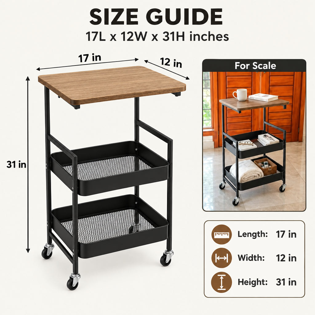 Premium 3-Layer Mobile Storage Trolley with Wood Top