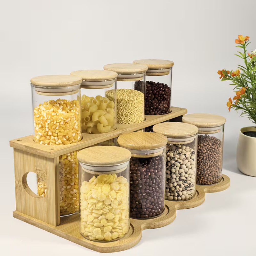 Premium 8-Piece Bamboo & Glass Spice Rack Organizer Set