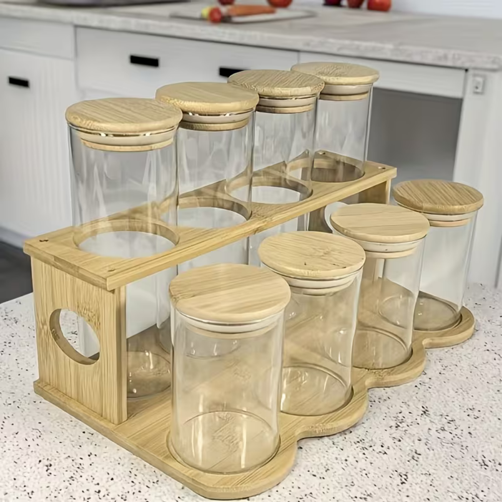 Premium 8-Piece Bamboo & Glass Spice Rack Organizer Set