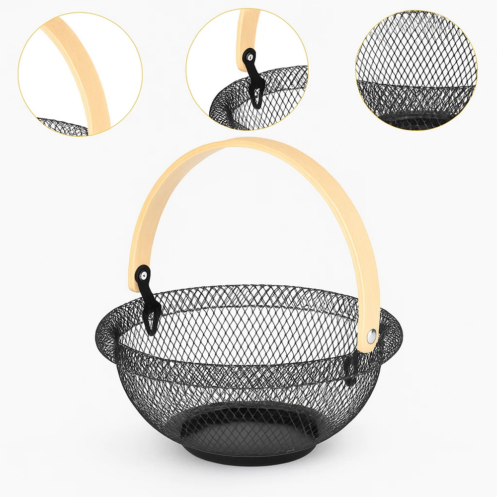 Nordic Mesh Fruit Basket with Natural Wooden Handle