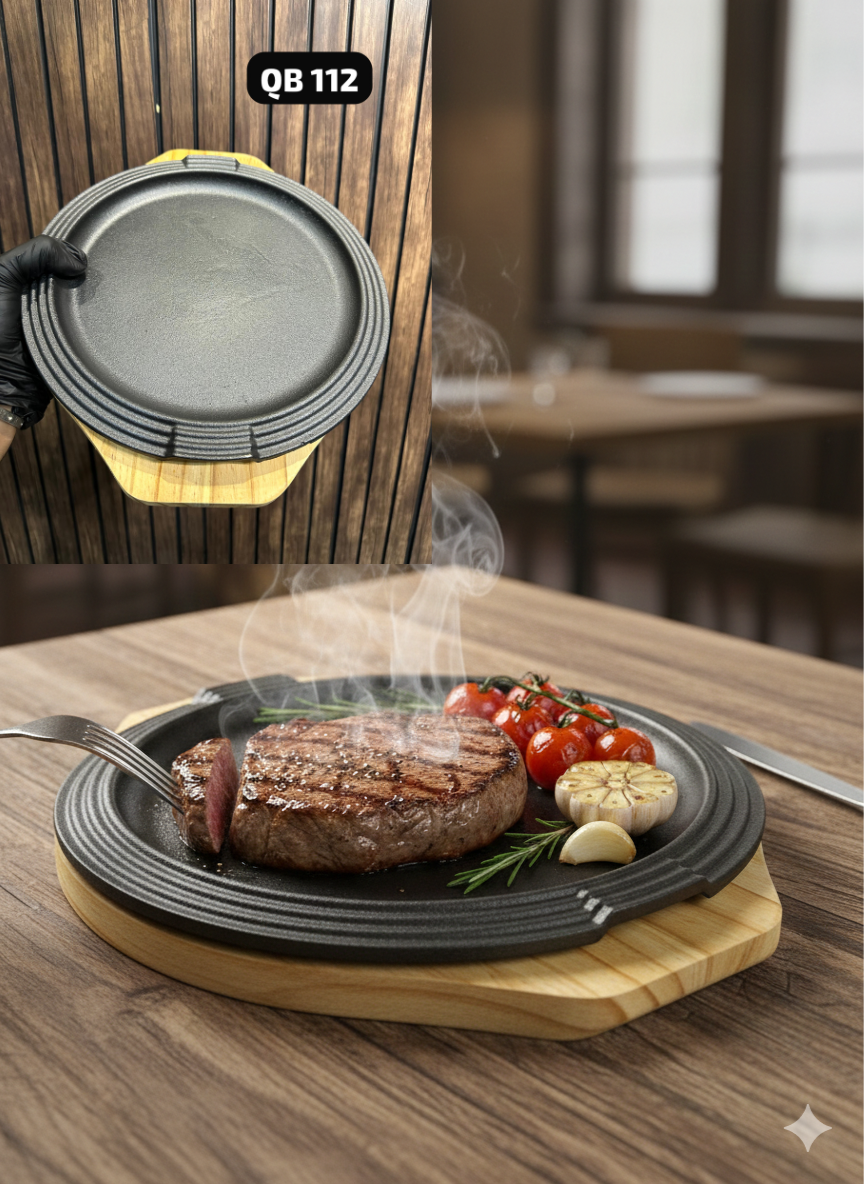 Cast Iron Sizzler Plates & Skillets with Wooden Base