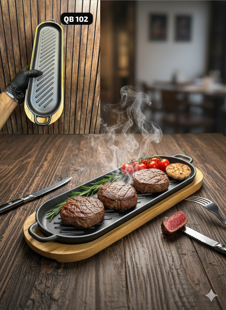 Cast Iron Sizzler Plates & Skillets with Wooden Base