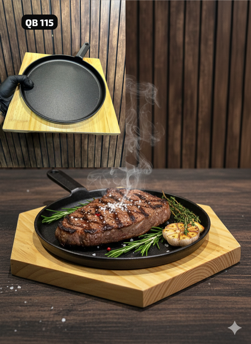 Cast Iron Sizzler Plates & Skillets with Wooden Base