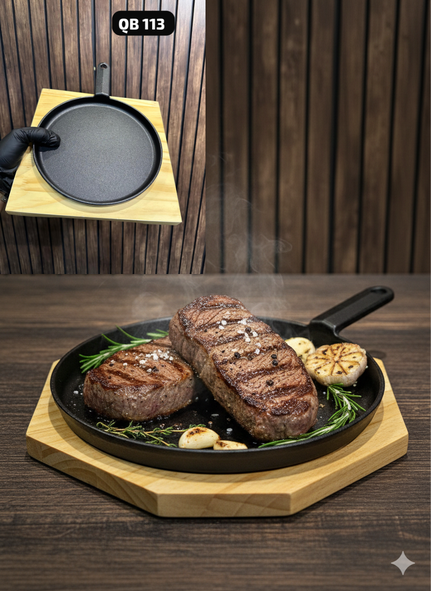 Cast Iron Sizzler Plates & Skillets with Wooden Base