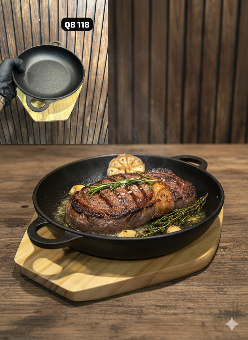Cast Iron Sizzler Plates & Skillets with Wooden Base