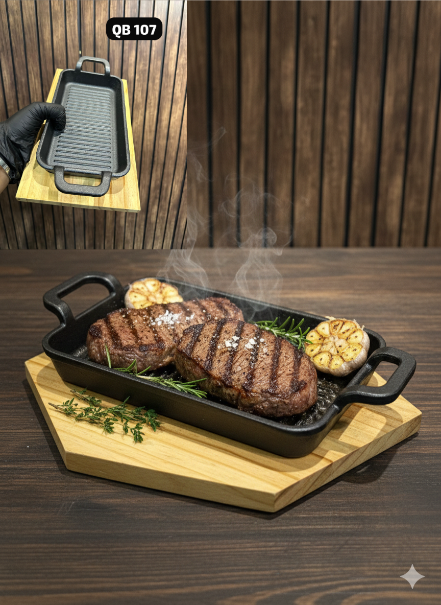 Cast Iron Sizzler Plates & Skillets with Wooden Base