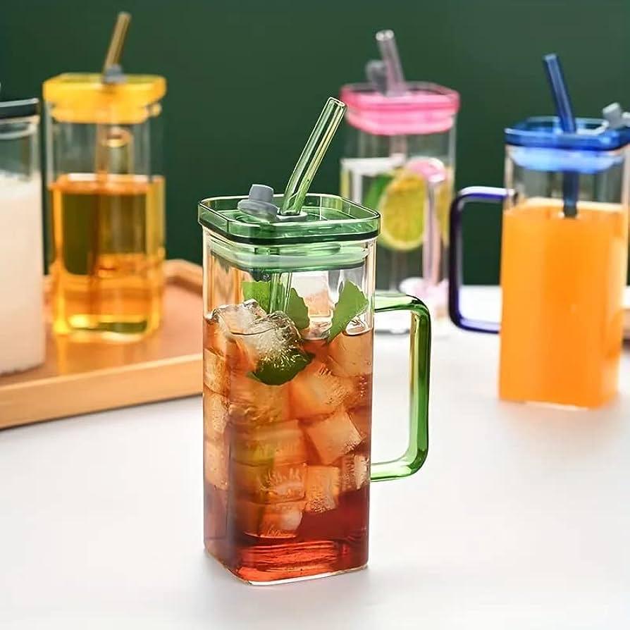 2Pcs Square Tumbler Drinking Glass with Glass Straw and Colorful Handle