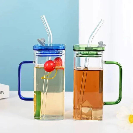 2Pcs Square Tumbler Drinking Glass with Glass Straw and Colorful Handle