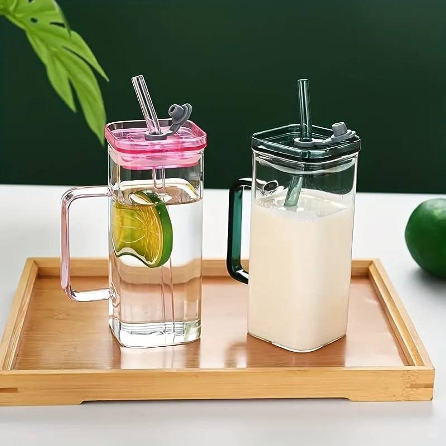 2Pcs Square Tumbler Drinking Glass with Glass Straw and Colorful Handle