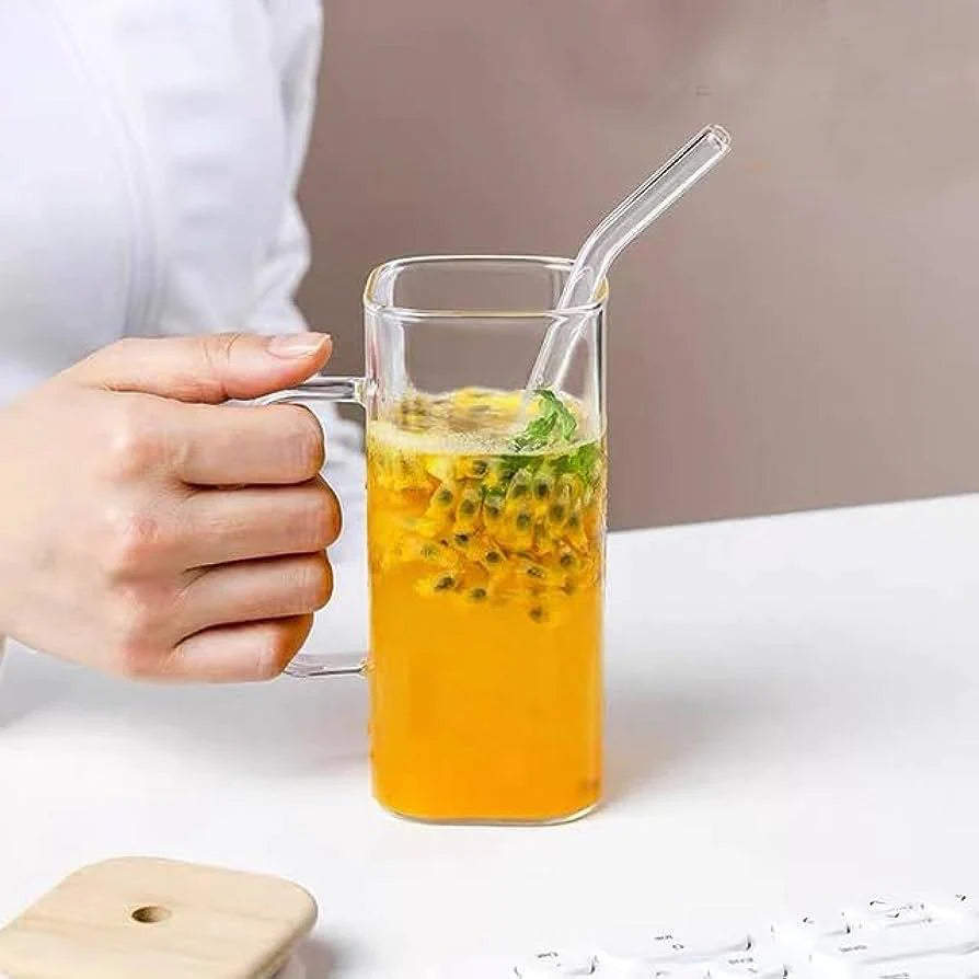 2Pcs Square Tumbler Drinking Glass with Glass Straw and Colorful Handle