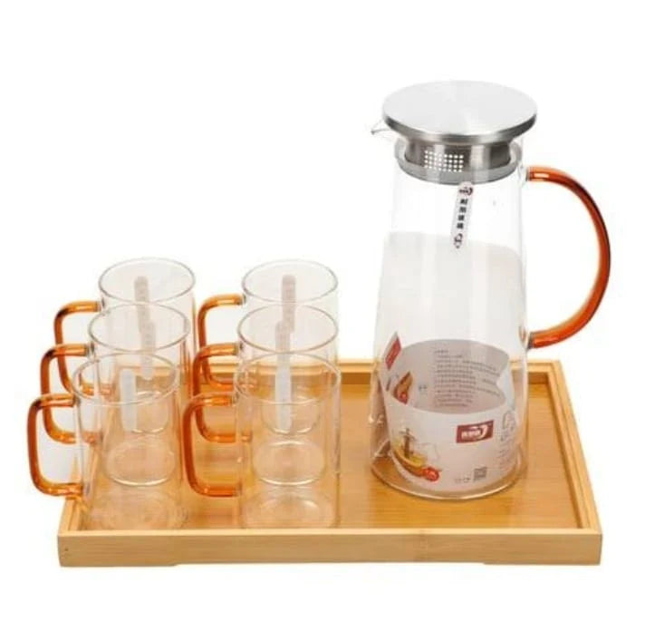 Beautiful Glass Pitcher Set with Wooden Tray