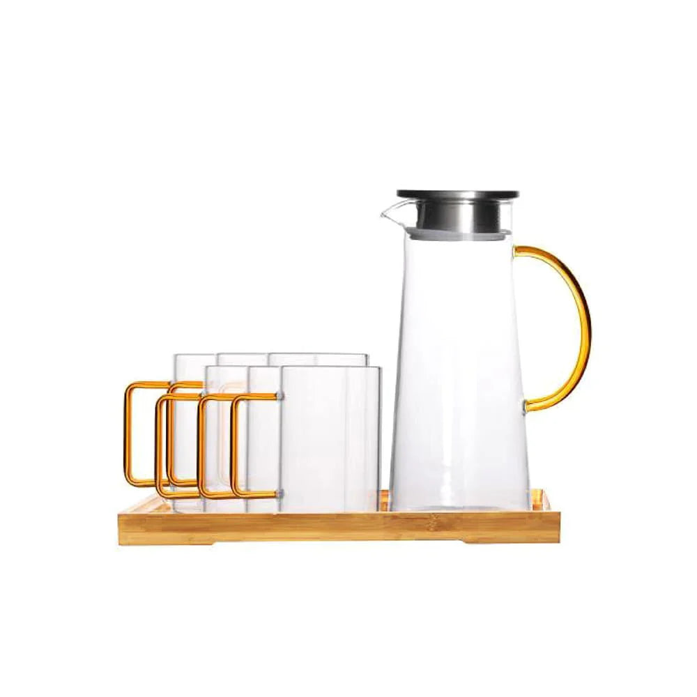 Beautiful Glass Pitcher Set with Wooden Tray