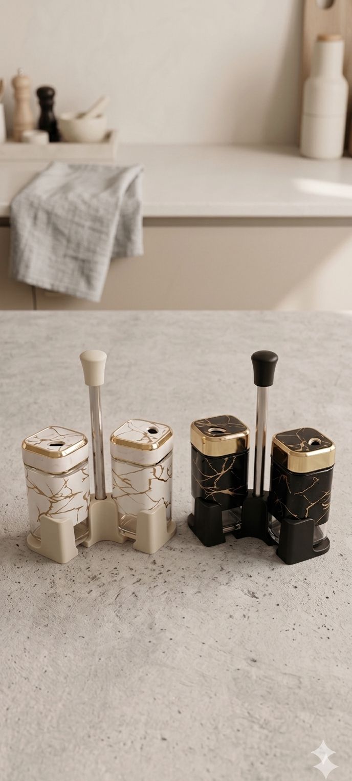Elegant Marble-Pattern Salt and Pepper Shaker Set with Carrying Stand