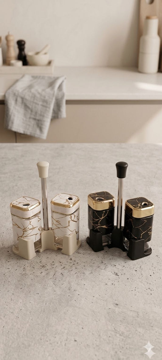 Elegant Marble-Pattern Salt and Pepper Shaker Set with Carrying Stand
