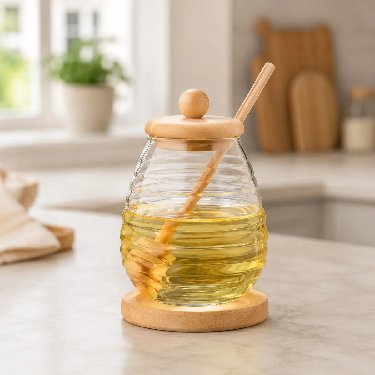 Beehive Ribbed Glass Honey Jar with Wooden Dipper & Coaster