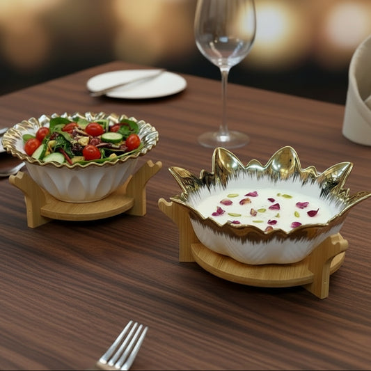 Aura Gold-Rimmed Ceramic Serving Bowl with Wooden Stand