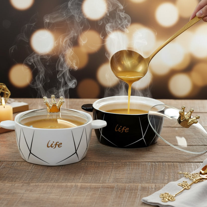 Nordic Geometric Ceramic Serving Bowl with Gold Crown Glass Lid
