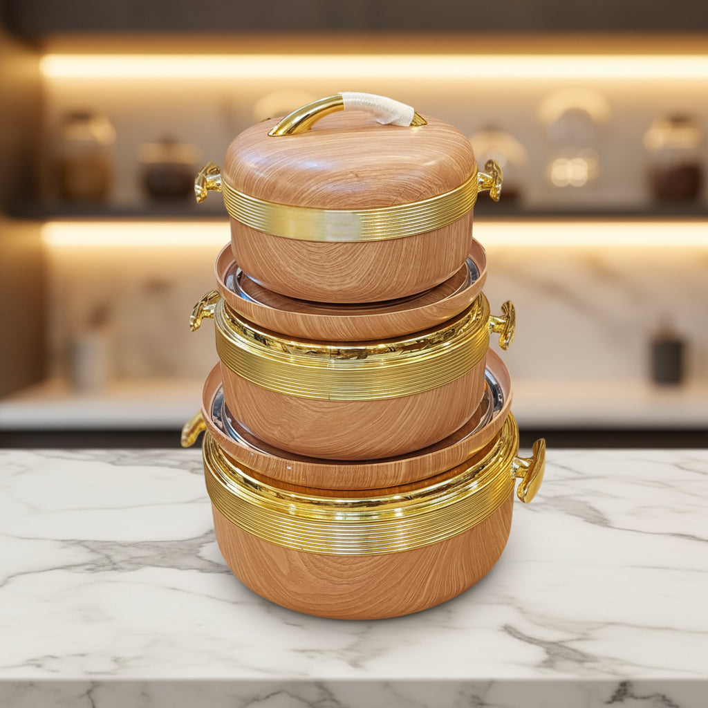 3-Piece Premium Wood-Grain Hotpot Set with Gold Accents