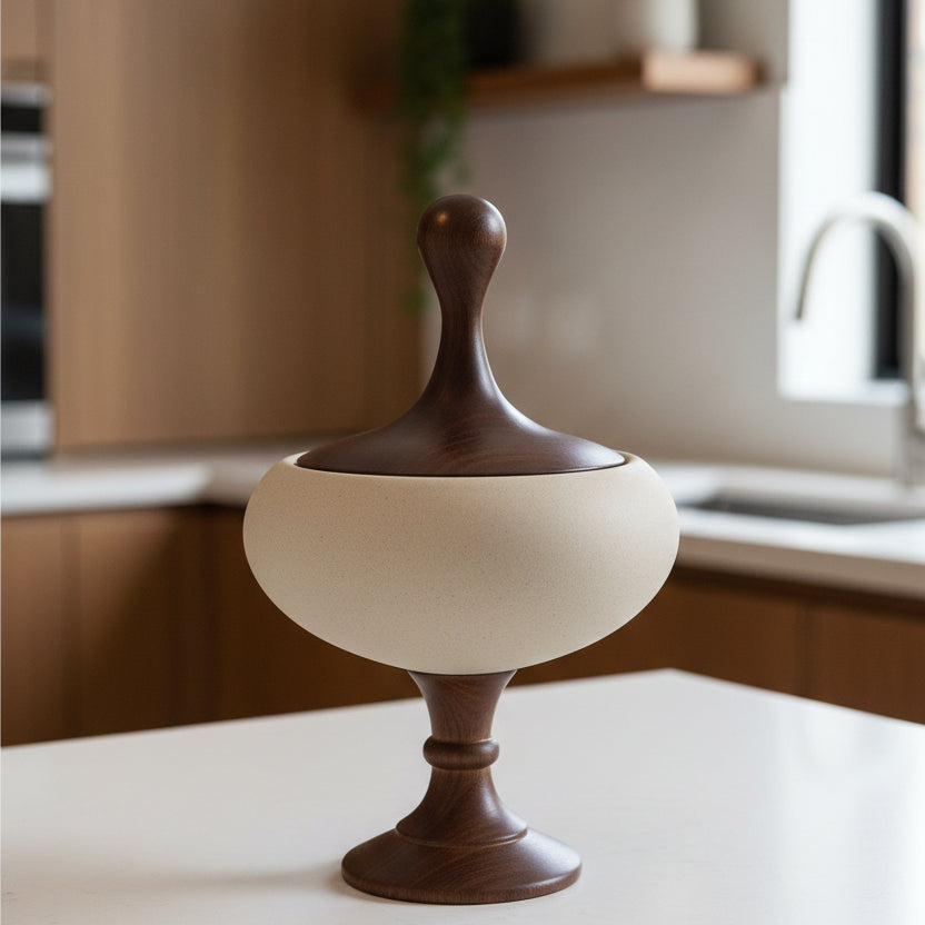 Mid-Century Ceramic Candy Dish with Wooden Pedestal