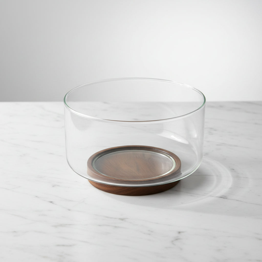 Glass Fruit and Salad Serving Bowl with Acacia Wood Base