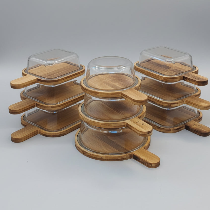 Premium Glass Serving Dish with Handled Bamboo Tray & Lid