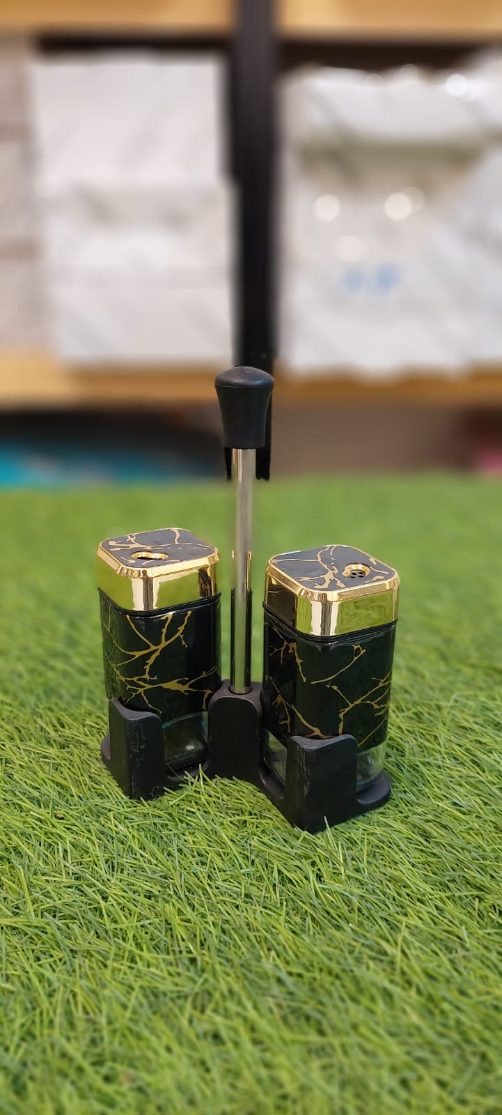 Elegant Marble-Pattern Salt and Pepper Shaker Set with Carrying Stand