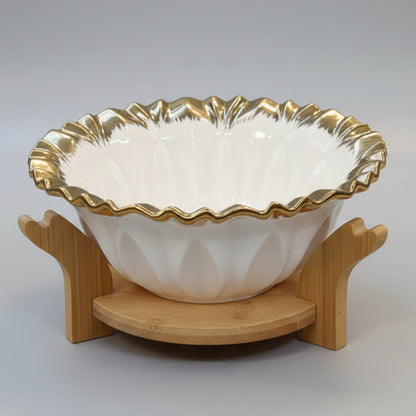 Aura Gold-Rimmed Ceramic Serving Bowl with Wooden Stand