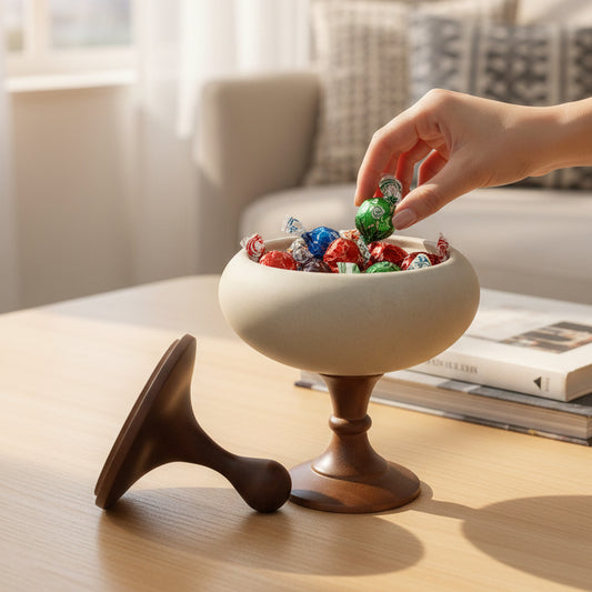 Mid-Century Ceramic Candy Dish with Wooden Pedestal