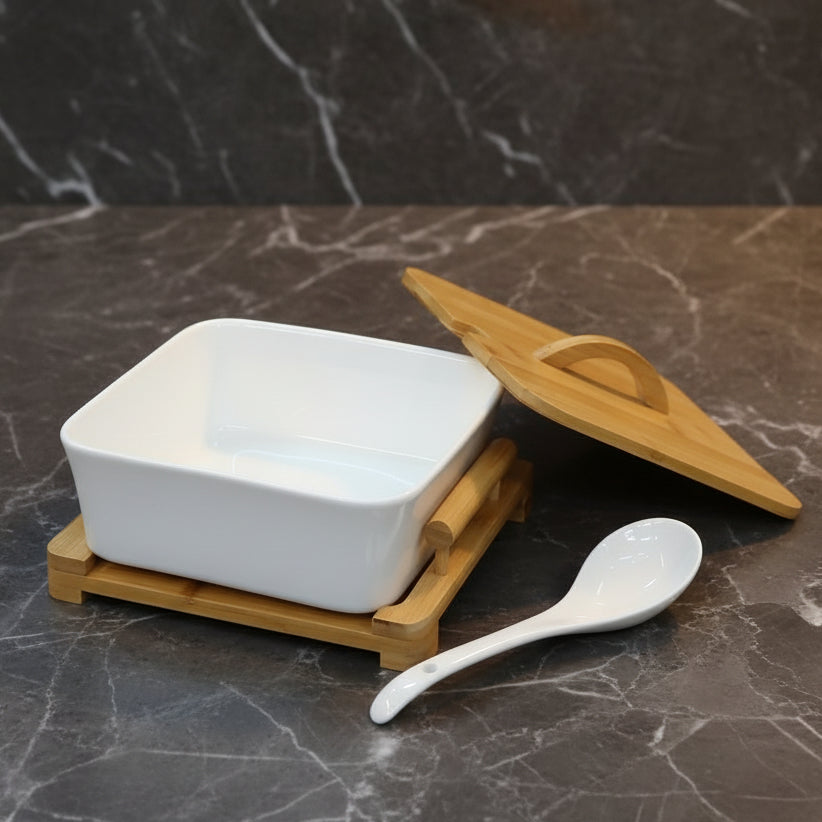 Modern Ceramic Serving Bowl with Bamboo Base & Spoon