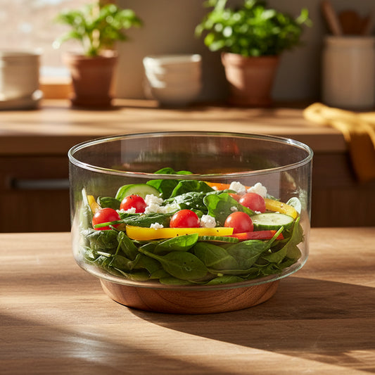 Glass Fruit and Salad Serving Bowl with Acacia Wood Base