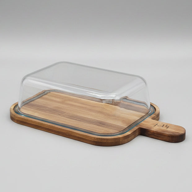 Premium Glass Serving Dish with Handled Bamboo Tray & Lid