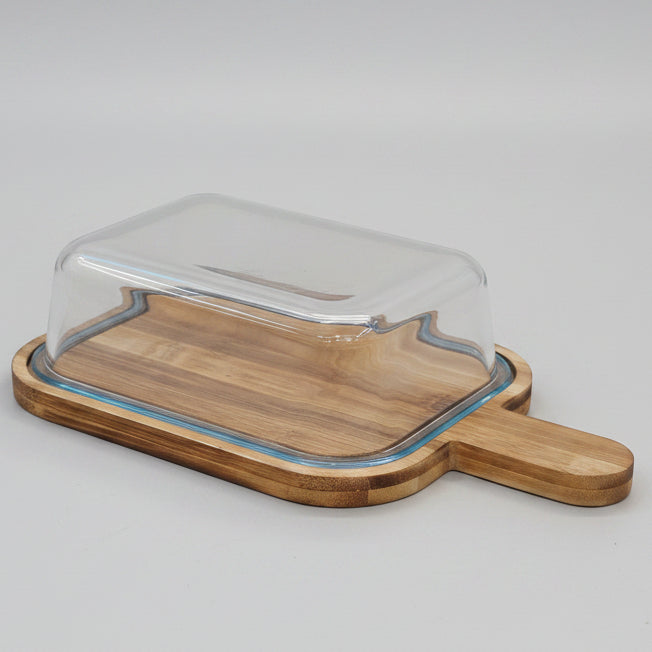 Premium Glass Serving Dish with Handled Bamboo Tray & Lid