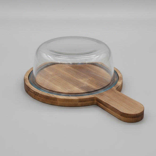 Premium Glass Serving Dish with Handled Bamboo Tray & Lid